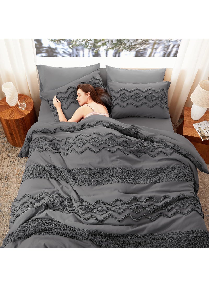 Luxudecor Luxudecor Grey Tufted Comforter Set Queen Size 3 Pieces Boho Shabby Chic Comforter Farmhouse Embroidery Bedding Set Soft Comforter for All Seasons (Grey  90''x90'')  - Image 4