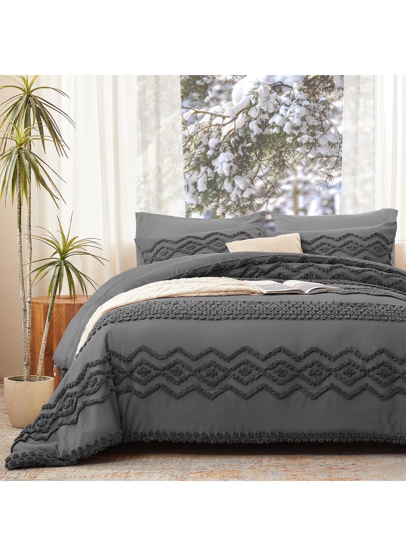 Luxudecor Luxudecor Grey Tufted Comforter Set Queen Size 3 Pieces Boho Shabby Chic Comforter Farmhouse Embroidery Bedding Set Soft Comforter for All Seasons (Grey  90''x90'')  - Image 1