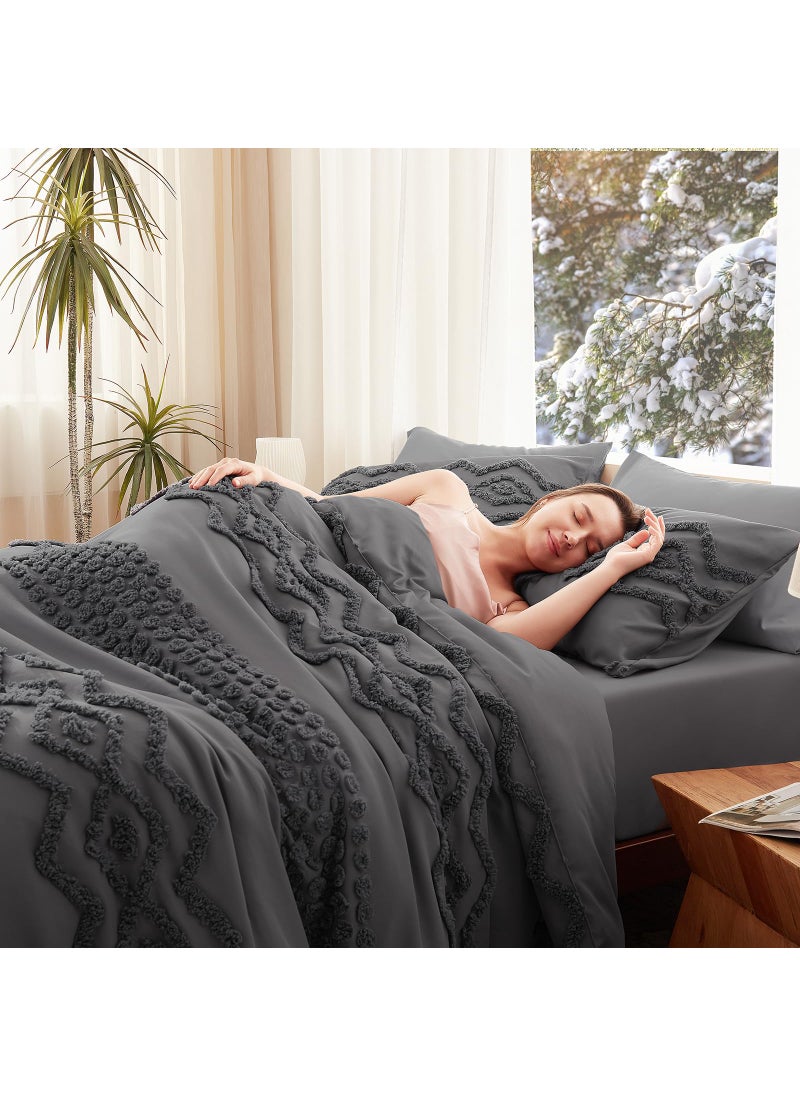 Luxudecor Luxudecor Grey Tufted Comforter Set Queen Size 3 Pieces Boho Shabby Chic Comforter Farmhouse Embroidery Bedding Set Soft Comforter for All Seasons (Grey  90''x90'')  - Image 5