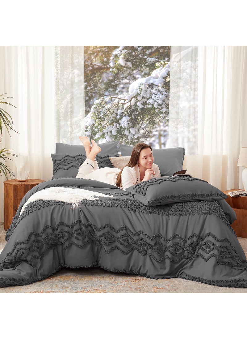Luxudecor Luxudecor Grey Tufted Comforter Set Queen Size 3 Pieces Boho Shabby Chic Comforter Farmhouse Embroidery Bedding Set Soft Comforter for All Seasons (Grey  90''x90'')  - Image 3
