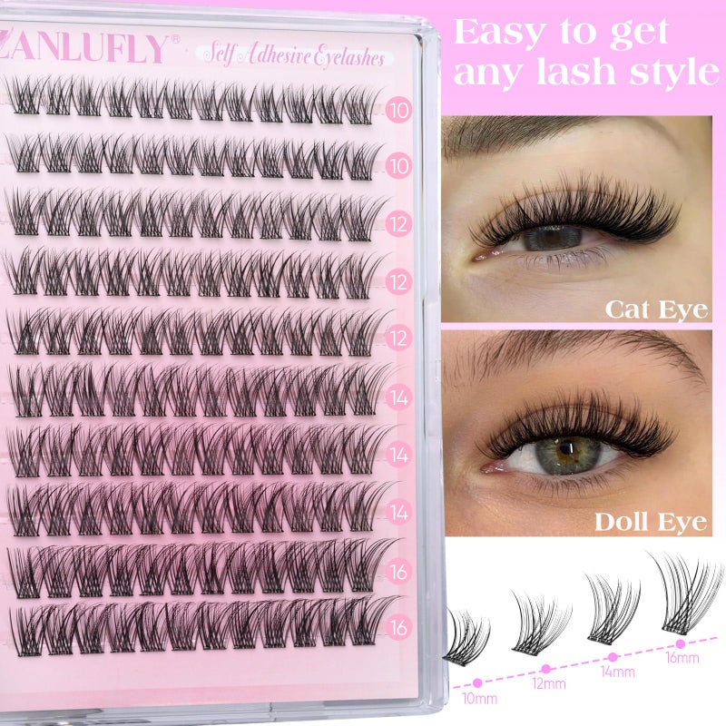 zanlufly Self Adhesive Eyelashes Natural Self Adhesive Lash Clusters Pre-glued Eyelashes Clusters C-Curly No Glue Lashes Wispy Cluster Lashes 10-16MM DIY Individual Lashes by zanlufly - Image 3