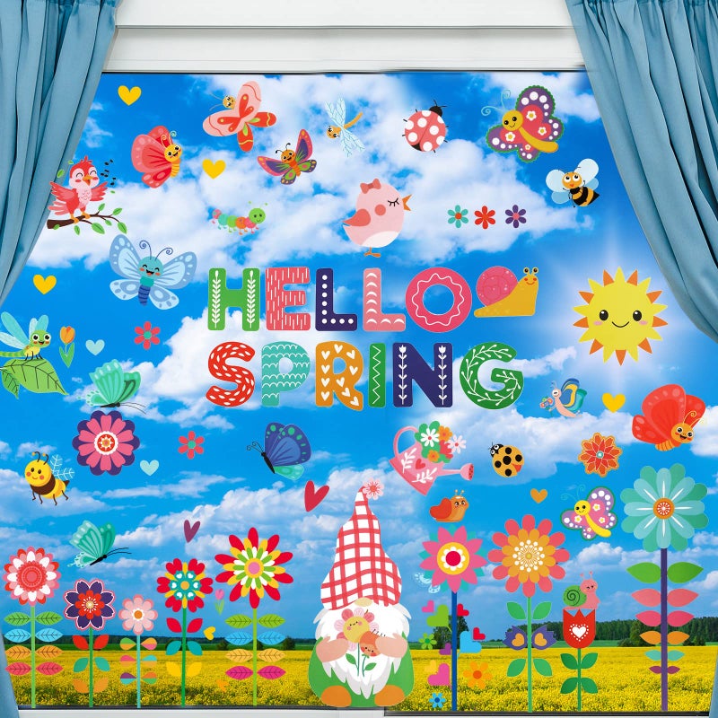 Sabary 112 Pcs Spring Window Clings Hello Spring Window Decals Stickers Flower Butterfly Bees Birds for Glass Decoration Party Home Office Birthday Supplies Accessories Double SidedFlower9 Pcs