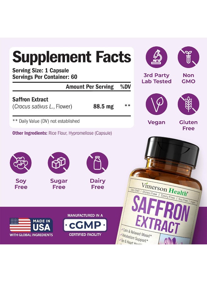 Vimerson Health Pure Saffron Supplements for Women & Men w/ 88.5mg Saffron Extract – Mood Support Supplement Plus Eye Health – Azafran Safron Spice Alternative to Gummies or Powder – 60 Vegan Count – 2 Month Supply - Image 2