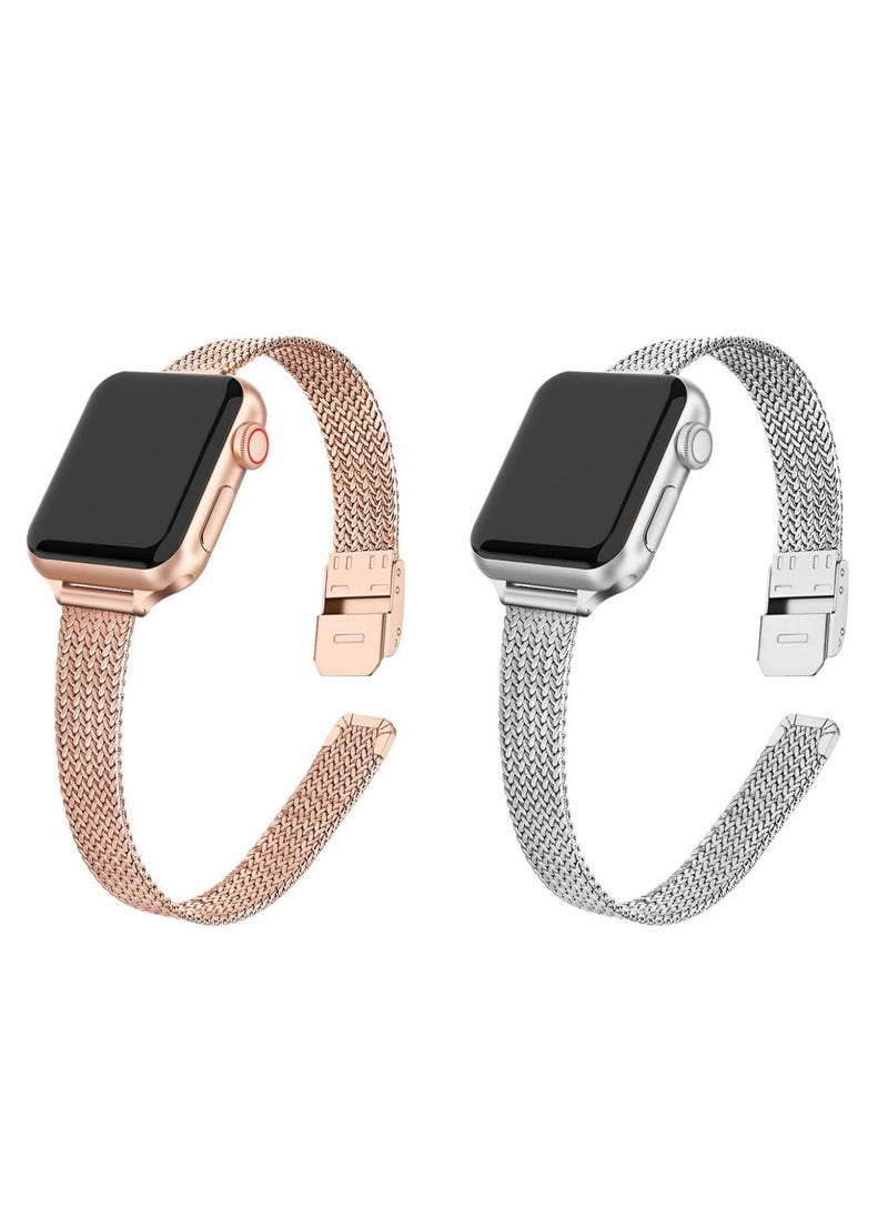 O Ozone Slim Metal Straps For Apple Watch Series 10 9 8 7 6 5 4 SE, 38/40/41/42mm Stainless Steel Metal Wristband - Rose Gold/Sliver  - Image 1