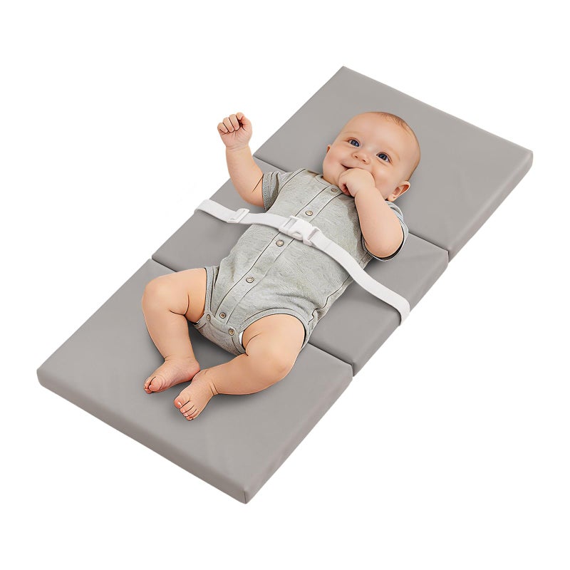 YACODAVO Foldable Baby Changing Pad with Vegan Leather Cover, Standard Side Waterproof & Wipeable Changing Pad for Toddler, Flat Foam Travel Diaper Changing Pad for Dresser and Table, Grey - Image 1