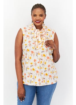 Bar III Women Plus Size Tie Neck Sleeveless Floral Printed Top, Beige Combo  - Image 1