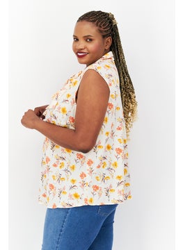 Bar III Women Plus Size Tie Neck Sleeveless Floral Printed Top, Beige Combo  - Image 3