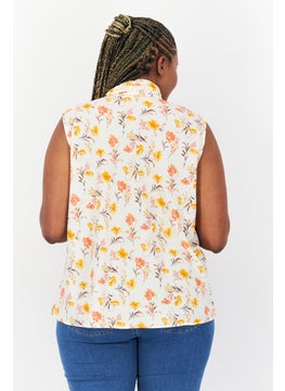 Bar III Women Plus Size Tie Neck Sleeveless Floral Printed Top, Beige Combo  - Image 2