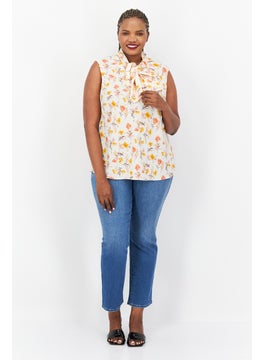 Bar III Women Plus Size Tie Neck Sleeveless Floral Printed Top, Beige Combo  - Image 4