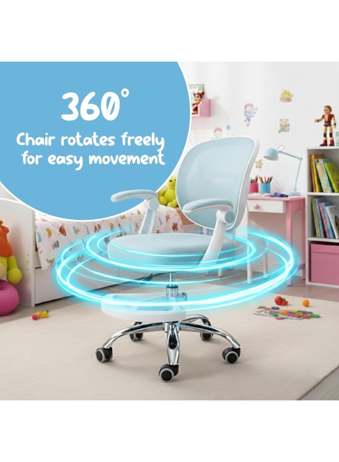 UKR Kids Desk Chair Blue with Armrests, Adjustable Height Study Chair with Footrest, 90° Flip-Up Arms, Ergonomic 360° Swivel Rolling Chair for, Children Study Room, Home, office, School Lab Chair - Image 2