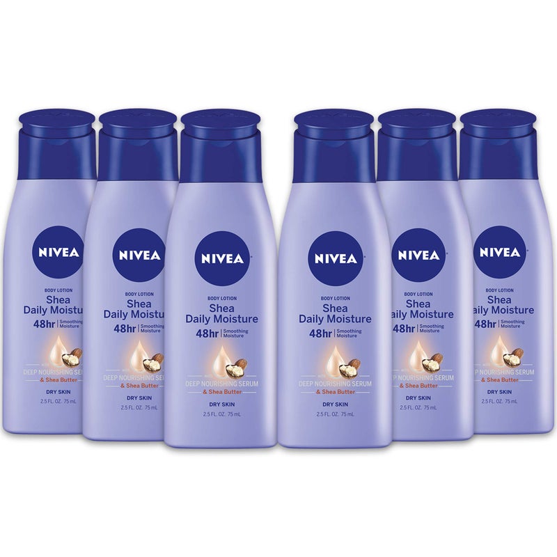 NIVEA Shea Nourish Body Lotion for Dry Skin with Hyaluronic Acid, Shea Butter and Deep Nourishing Serum, 48-Hour Body Moisturizer, 2.5 Fl Oz Bottle, Pack of 6 - Image 1