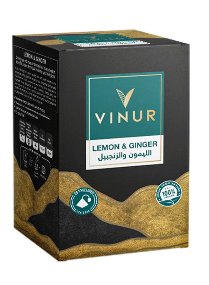 VINUR VINUR Organic Lemon and Ginger Herbal Tea – 20 Pyramidal Tea Bags - Image 1