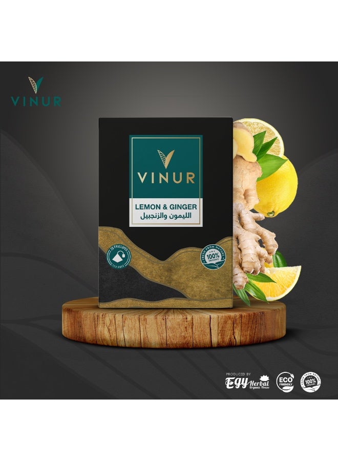 VINUR VINUR Organic Lemon and Ginger Herbal Tea – 20 Pyramidal Tea Bags - Image 2