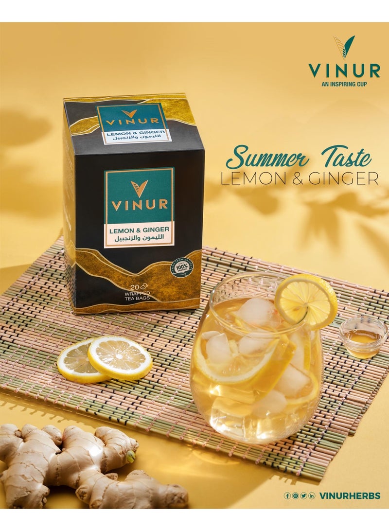 VINUR VINUR Organic Lemon and Ginger Herbal Tea – 20 Pyramidal Tea Bags - Image 3