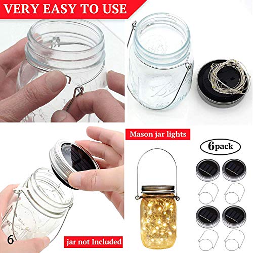 VOOKRY 6 Pack Solar Mason Jar Lights for Outside, 30 LED Solar Mason Jar Lids Fairy Lights with 6 Hangers(No Jars) Outdoor Waterproof for DIY Patio Garden Yard Lawn Party Wedding Decoration Warm White - Image 5