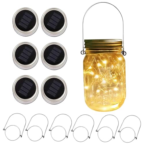 VOOKRY 6 Pack Solar Mason Jar Lights for Outside, 30 LED Solar Mason Jar Lids Fairy Lights with 6 Hangers(No Jars) Outdoor Waterproof for DIY Patio Garden Yard Lawn Party Wedding Decoration Warm White - Image 1