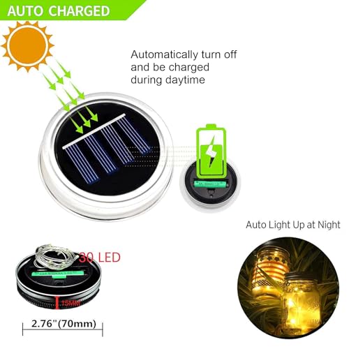 VOOKRY 6 Pack Solar Mason Jar Lights for Outside, 30 LED Solar Mason Jar Lids Fairy Lights with 6 Hangers(No Jars) Outdoor Waterproof for DIY Patio Garden Yard Lawn Party Wedding Decoration Warm White - Image 2