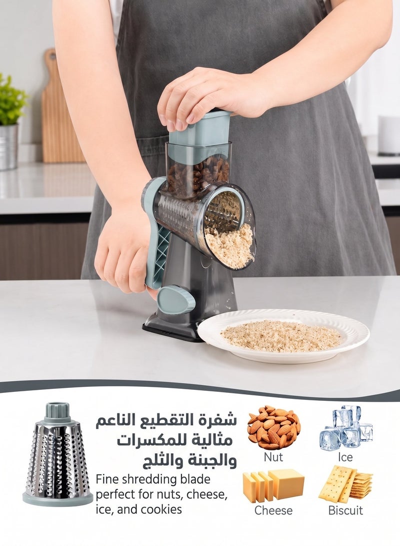 قطاعة خضروات يدوية بقاعدة شفط – مبشرة دوارة متعددة الاستخدامات وتقطيع للخضروات والفواكه والجبن – 3 شفرات أسطوانية من الستانلس ستيل قابلة للتبديل – سهلة التنظيف - Image 2