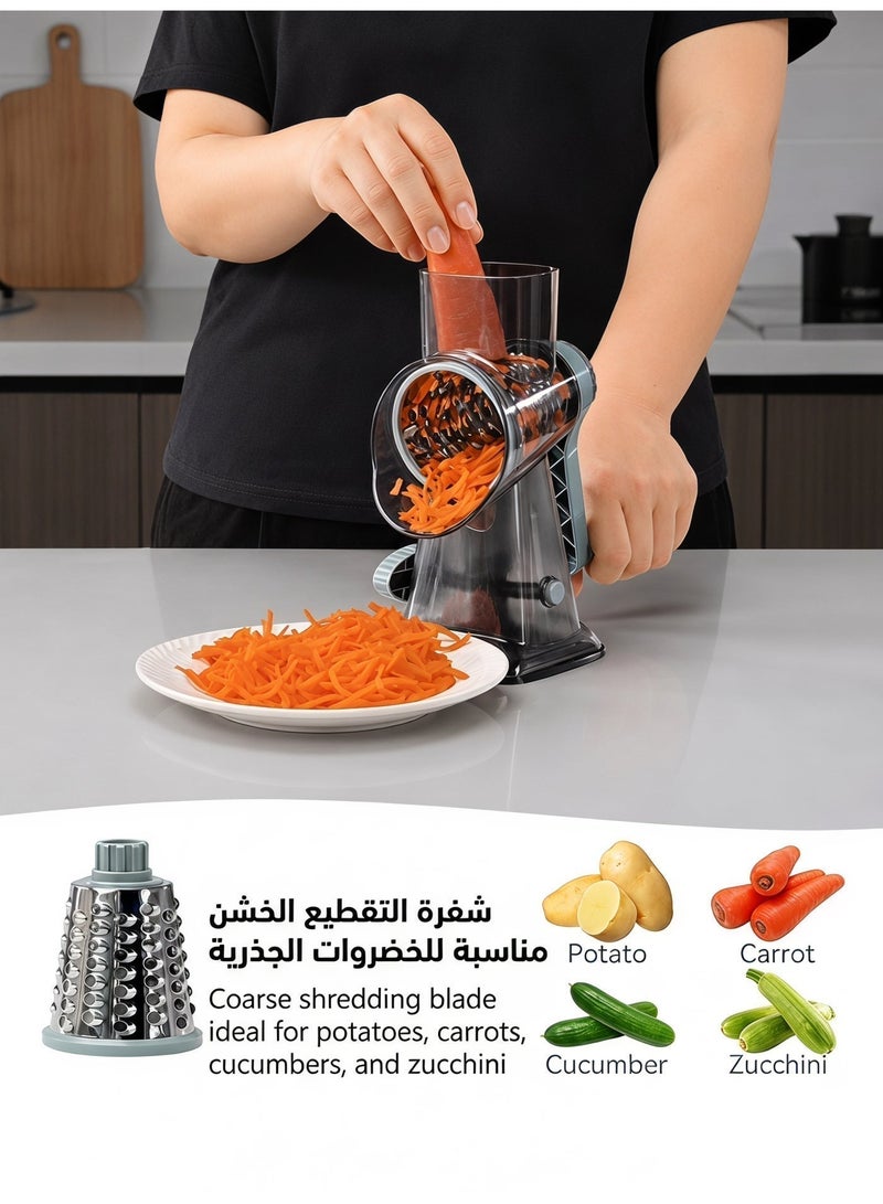 قطاعة خضروات يدوية بقاعدة شفط – مبشرة دوارة متعددة الاستخدامات وتقطيع للخضروات والفواكه والجبن – 3 شفرات أسطوانية من الستانلس ستيل قابلة للتبديل – سهلة التنظيف - Image 3
