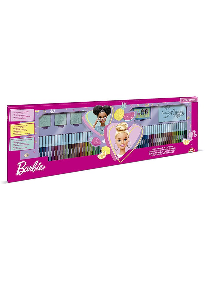 MULTIPRINT Barbie 60 Felt Tip Pens Set  60 Felt Pens, 10 Pencil Crayons, 10 Wax Crayons, 6 Stamps, 1 Ink Pad, 1 Coloring Book, 1 Notebook And 30 Stickers  - Image 1