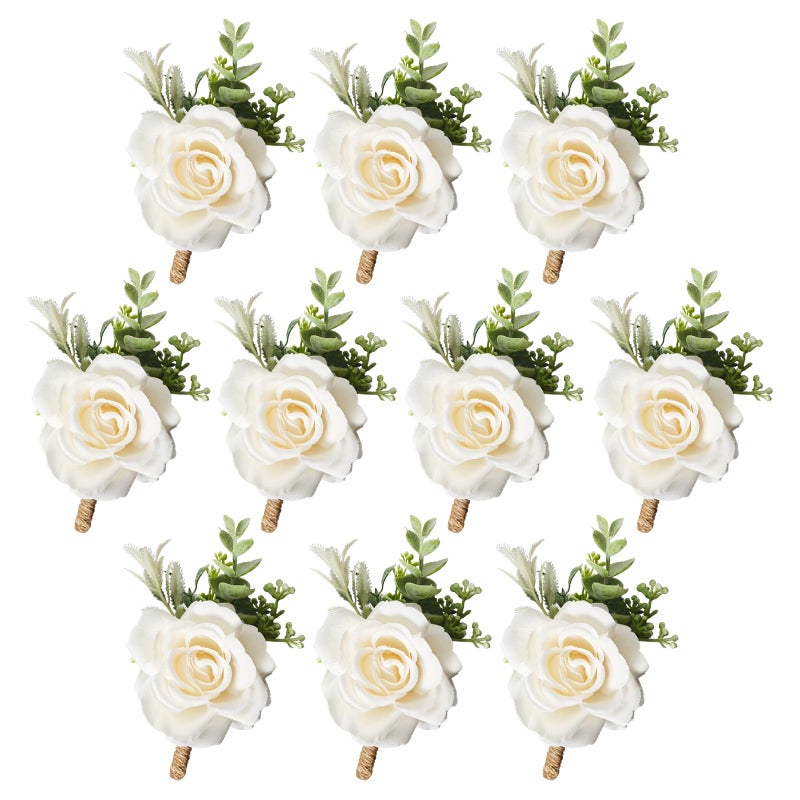 Gvhntk Ivory Rose Boutonniere for Men Wedding Set of 10 Groom Groomsmen Best Man Artificial Flowers Boutonniere for Wedding Ceremony Anniversary Prom Flowers Formal Dinner Party (10, White, Middle) - Image 1