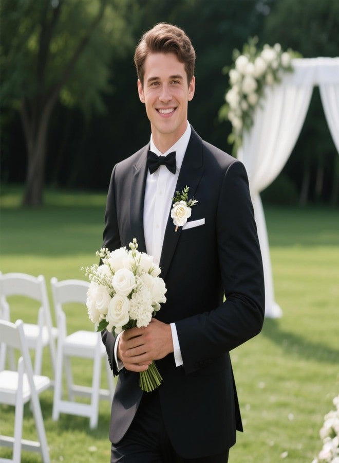 Gvhntk Ivory Rose Boutonniere for Men Wedding Set of 10 Groom Groomsmen Best Man Artificial Flowers Boutonniere for Wedding Ceremony Anniversary Prom Flowers Formal Dinner Party (10, White, Middle) - Image 2