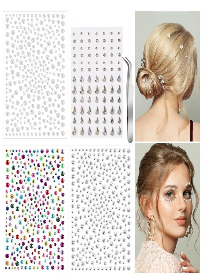 Jubobu 4 Sheets Self Adhesive Face Gems and Pearls for Makeup, Festival Jewels, Hair Gems, Rhinestone Stickers for Face, Eye, Makeup, Nail, Body, Crafts - Image 1