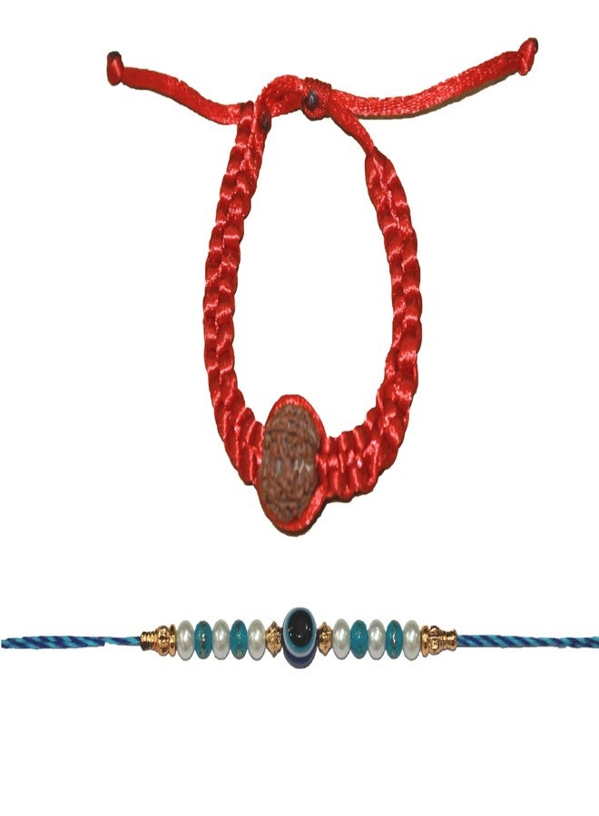 IS4A Handmade Rakhi Set of 2, Rudhaksha Rakhi and Evil Eye Rakhi, Rope Bracelet with Rudraksh Bead, Rakhi Gifts for Brother, Sister, Bhaiya, Bhabhi for Indian Rakhi Raksha Bandhan Festival (Red + Blue) - Image 1