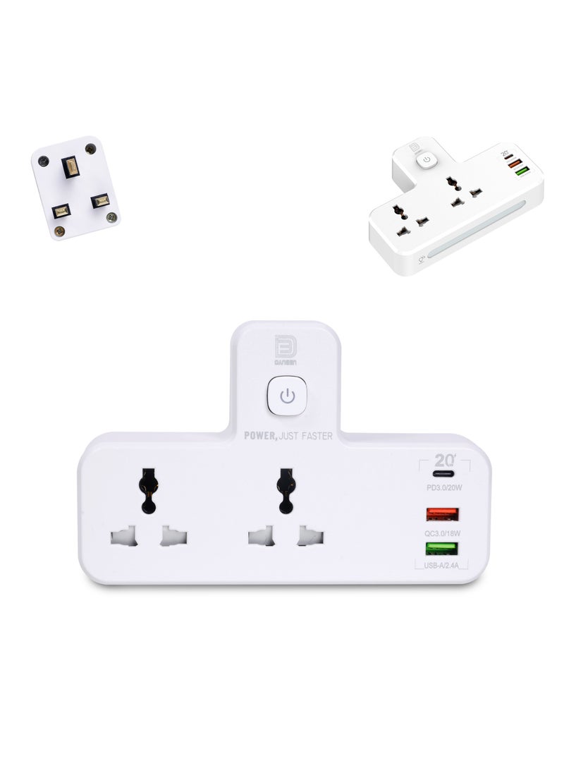 DANEEN 5-in-1 Multi plug power extension socket with 2 USB, 2 Outlets,1 Type-C Port, Surge Protector, LED night light, Universal adapter for kitchen, Home, office(White) (Model:SC2312)  - Image 2