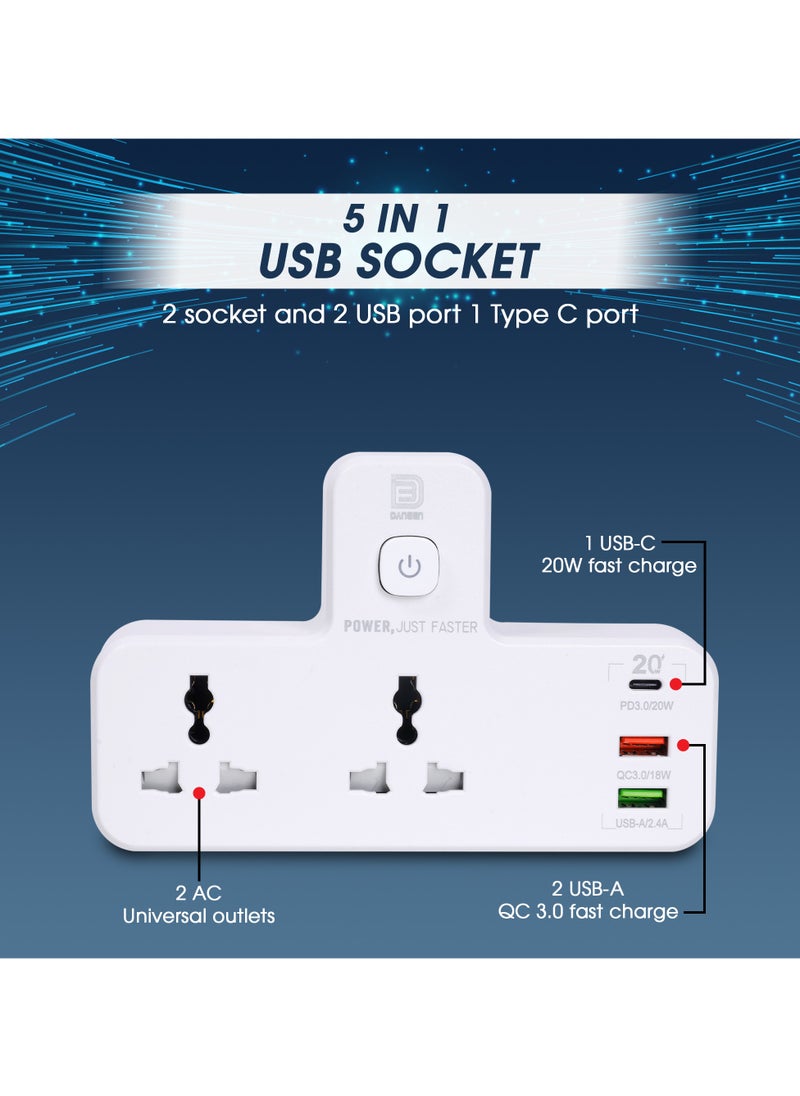 DANEEN 5-in-1 Multi plug power extension socket with 2 USB, 2 Outlets,1 Type-C Port, Surge Protector, LED night light, Universal adapter for kitchen, Home, office(White) (Model:SC2312)  - Image 1