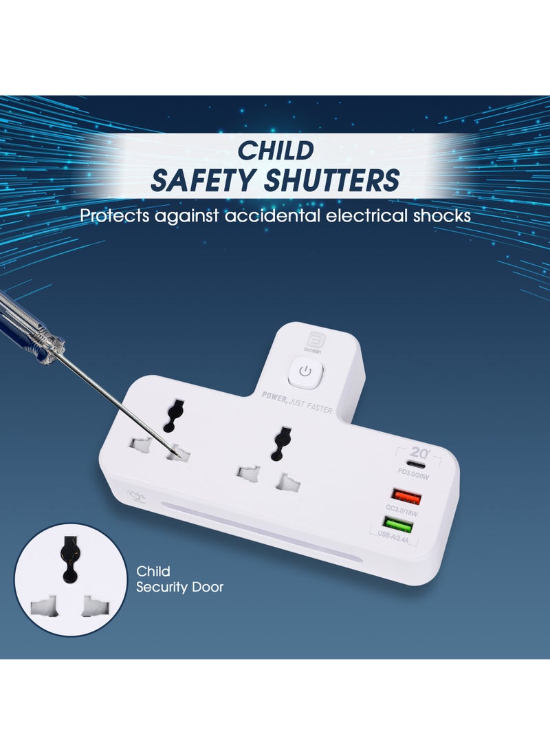 DANEEN 5-in-1 Multi plug power extension socket with 2 USB, 2 Outlets,1 Type-C Port, Surge Protector, LED night light, Universal adapter for kitchen, Home, office(White) (Model:SC2312)  - Image 5