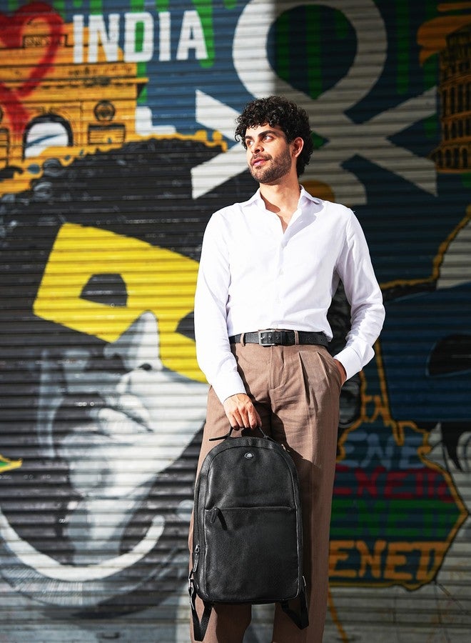 Perf Unisex Genuine Leather Backpack | Premium Slim & Stylish Laptop Bag for Men and Women | Travel, Office & Everyday Use | Padded back with Shoulder Straps & Secure Compartment (Black Orange) - Image 2