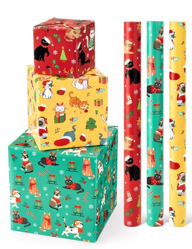 WERNNSAI Cat Christmas Wrapping Paper Rolls 3 Rolls 17 x 120 Kids Cat Christmas Wrapping Paper Medium Roll Set Funny Kitten Christmas Wrapping paper Xmas Rolls Party Gift Decoration for GirlsBoys - Image 2
