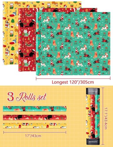 WERNNSAI Cat Christmas Wrapping Paper Rolls 3 Rolls 17 x 120 Kids Cat Christmas Wrapping Paper Medium Roll Set Funny Kitten Christmas Wrapping paper Xmas Rolls Party Gift Decoration for GirlsBoys - Image 5