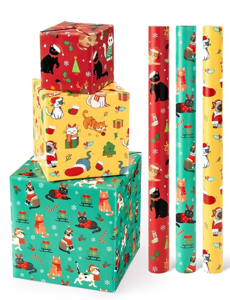 WERNNSAI Cat Christmas Wrapping Paper Rolls 3 Rolls 17 x 120 Kids Cat Christmas Wrapping Paper Medium Roll Set Funny Kitten Christmas Wrapping paper Xmas Rolls Party Gift Decoration for GirlsBoys - Image 3