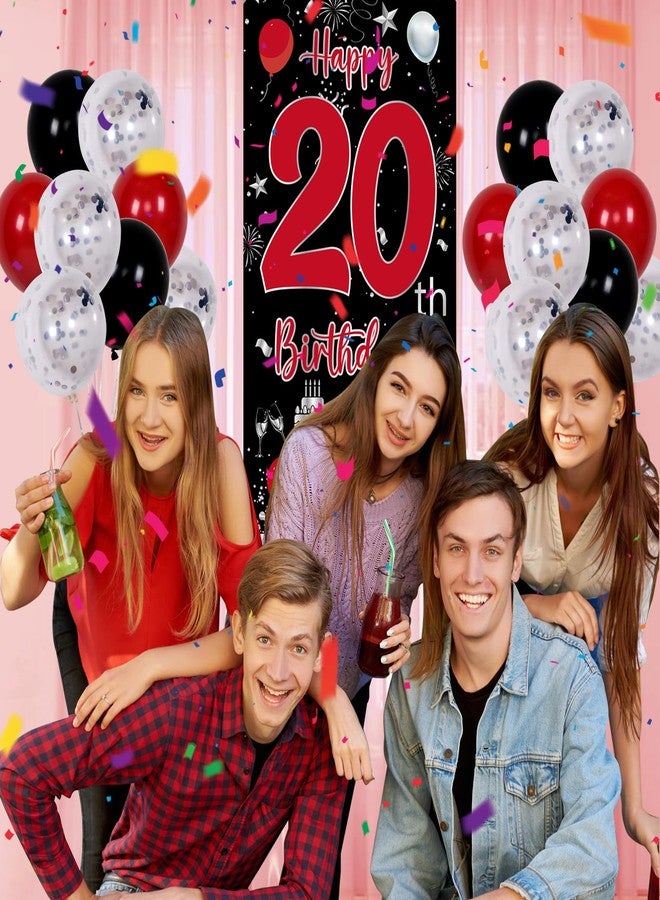 Pounira 20th Birthday Decorations for Men Women, Red Black Happy 20th Birthday Balloons Decorations for Boys Girls, Boy 20 Year Old Door Banner, Triangle Flag, Large 20 Balloons Bday Party Decor for Him Her - Image 3