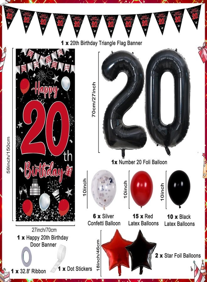 Pounira 20th Birthday Decorations for Men Women, Red Black Happy 20th Birthday Balloons Decorations for Boys Girls, Boy 20 Year Old Door Banner, Triangle Flag, Large 20 Balloons Bday Party Decor for Him Her - Image 2