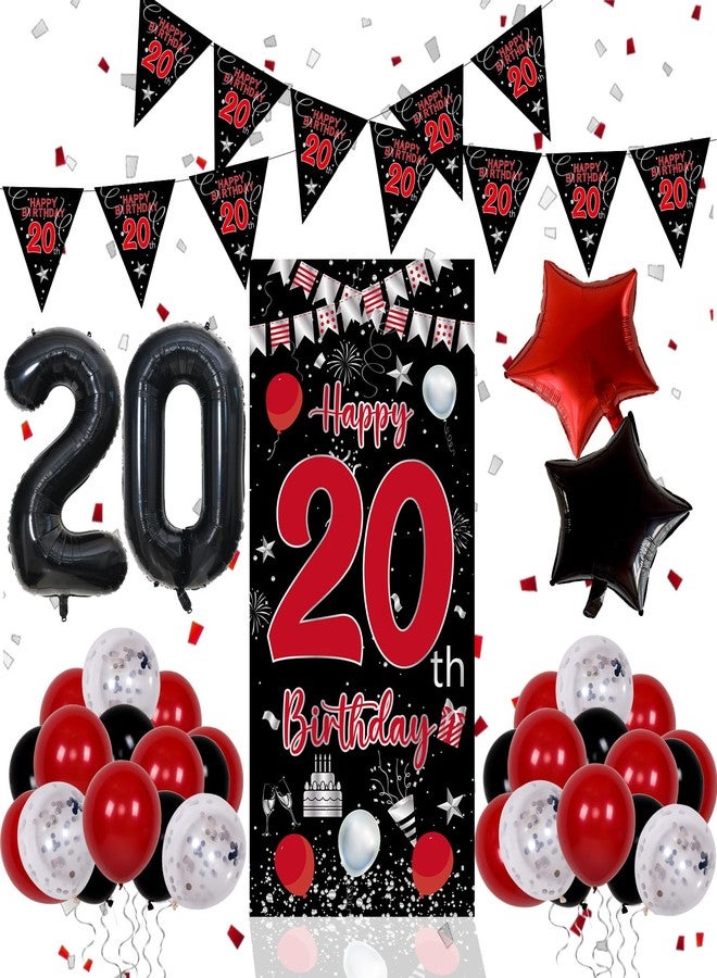 Pounira 20th Birthday Decorations for Men Women, Red Black Happy 20th Birthday Balloons Decorations for Boys Girls, Boy 20 Year Old Door Banner, Triangle Flag, Large 20 Balloons Bday Party Decor for Him Her - Image 1