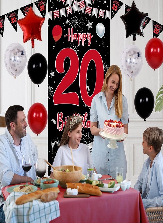 Pounira 20th Birthday Decorations for Men Women, Red Black Happy 20th Birthday Balloons Decorations for Boys Girls, Boy 20 Year Old Door Banner, Triangle Flag, Large 20 Balloons Bday Party Decor for Him Her - Image 5