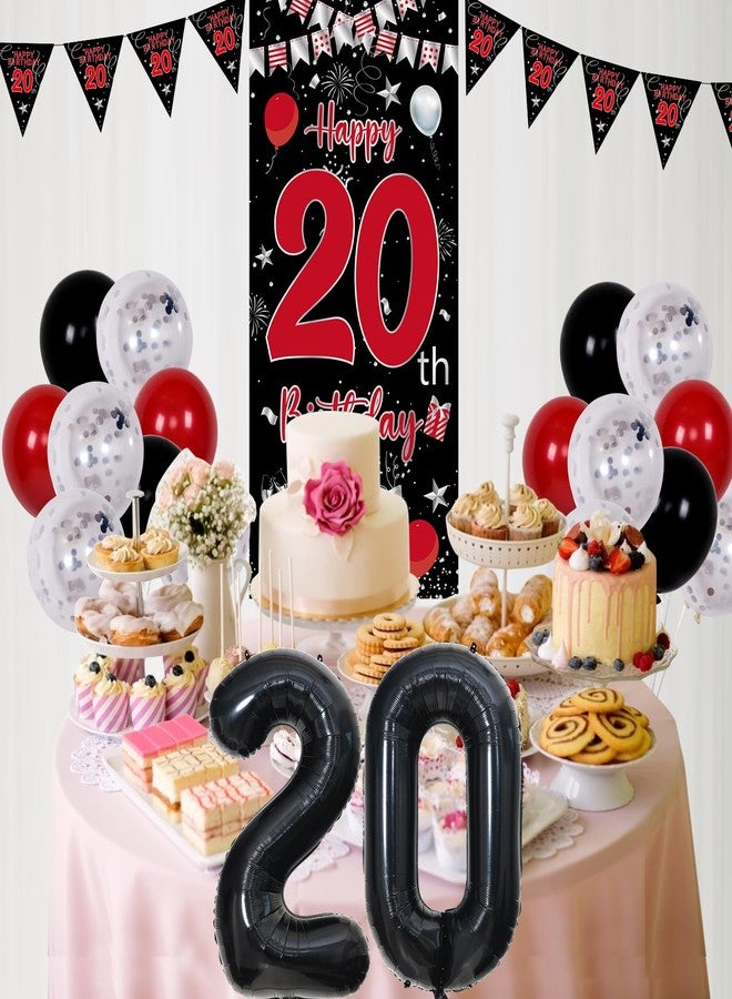 Pounira 20th Birthday Decorations for Men Women, Red Black Happy 20th Birthday Balloons Decorations for Boys Girls, Boy 20 Year Old Door Banner, Triangle Flag, Large 20 Balloons Bday Party Decor for Him Her - Image 4