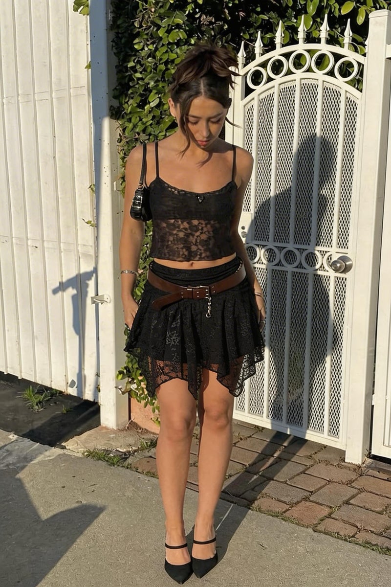 Avidlove Black Mini Skirts for Women Flowy Lace Skirt Gothic Layered Asymmetrical Short Skirt(Black, S) - Image 2