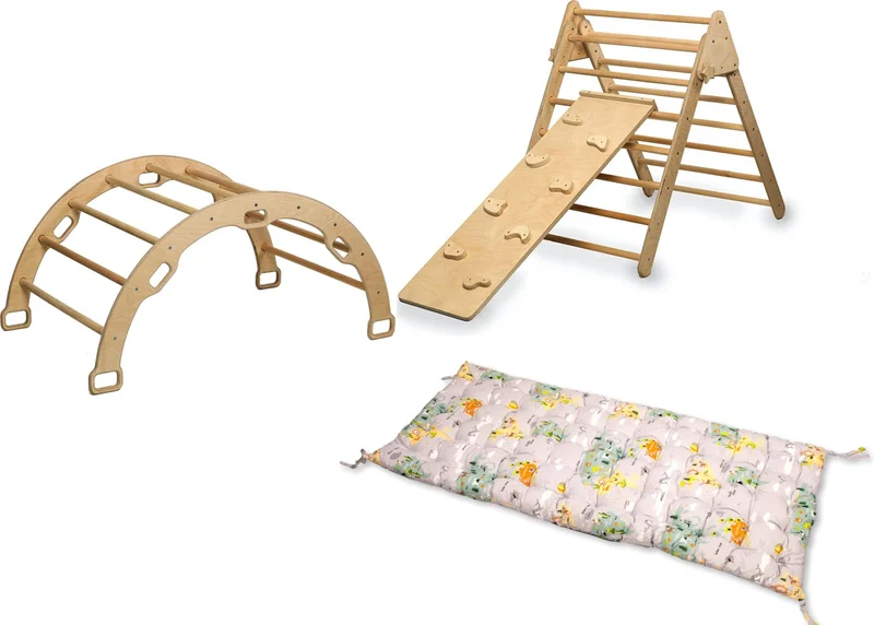 Kidoppo Pikler Climbing Set and Pillow | Montessori Set of 3 | Arch + Triangle + Stone Ramp + Map Pillow