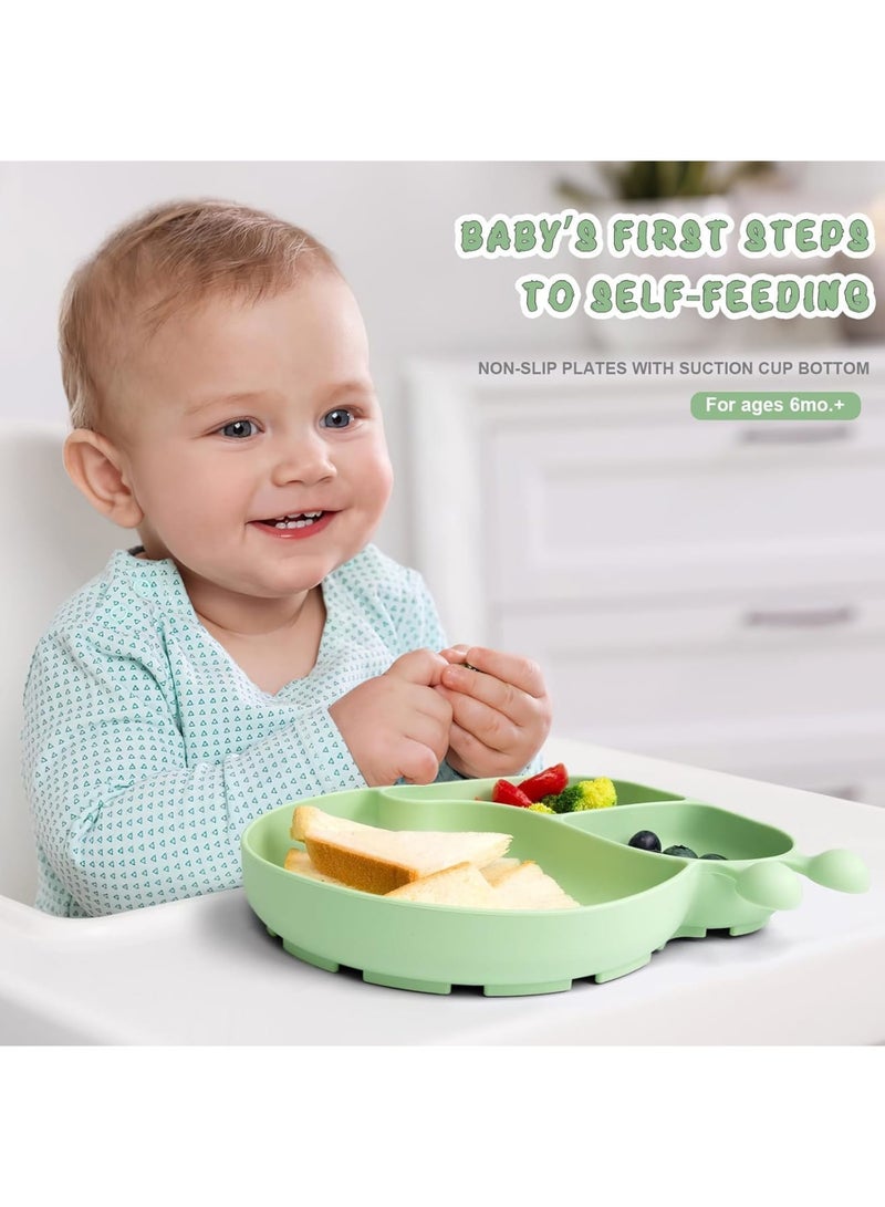 SYOSI Silicone Baby Plate with Super Suction, Snail Shape 3-Compartment Toddler Dish, Unbreakable Self-Feeding Training Plate for Kids, High Chair and Table Use, BPA-Free Mealtime Essentials (Green) - Image 2