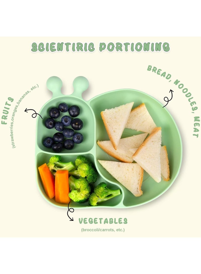 SYOSI Silicone Baby Plate with Super Suction, Snail Shape 3-Compartment Toddler Dish, Unbreakable Self-Feeding Training Plate for Kids, High Chair and Table Use, BPA-Free Mealtime Essentials (Green) - Image 4