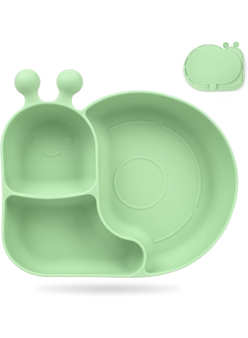 SYOSI Silicone Baby Plate with Super Suction, Snail Shape 3-Compartment Toddler Dish, Unbreakable Self-Feeding Training Plate for Kids, High Chair and Table Use, BPA-Free Mealtime Essentials (Green) - Image 1