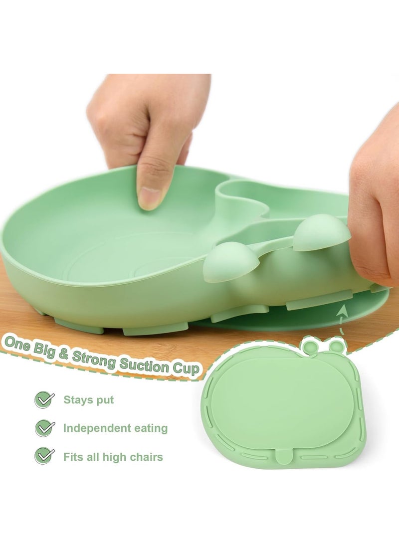 SYOSI Silicone Baby Plate with Super Suction, Snail Shape 3-Compartment Toddler Dish, Unbreakable Self-Feeding Training Plate for Kids, High Chair and Table Use, BPA-Free Mealtime Essentials (Green) - Image 3