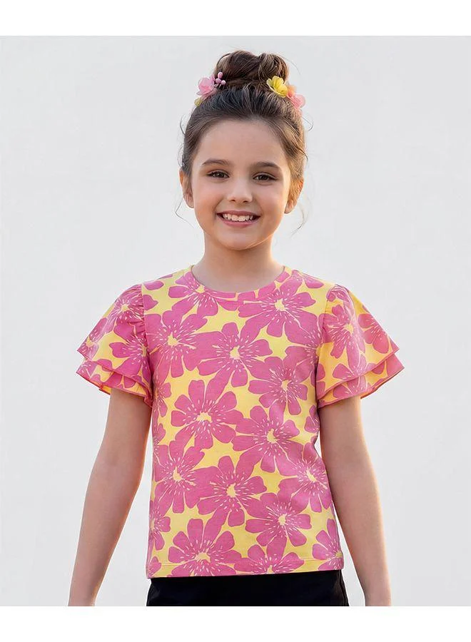 Pine Kids Pine Kids Cotton Knit Flutter Sleeves Floral Printed Top - Pink and Yellow