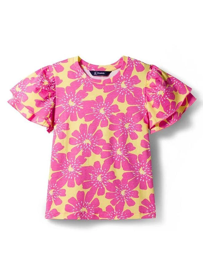 Pine Kids Pine Kids Cotton Knit Flutter Sleeves Floral Printed Top - Pink and Yellow