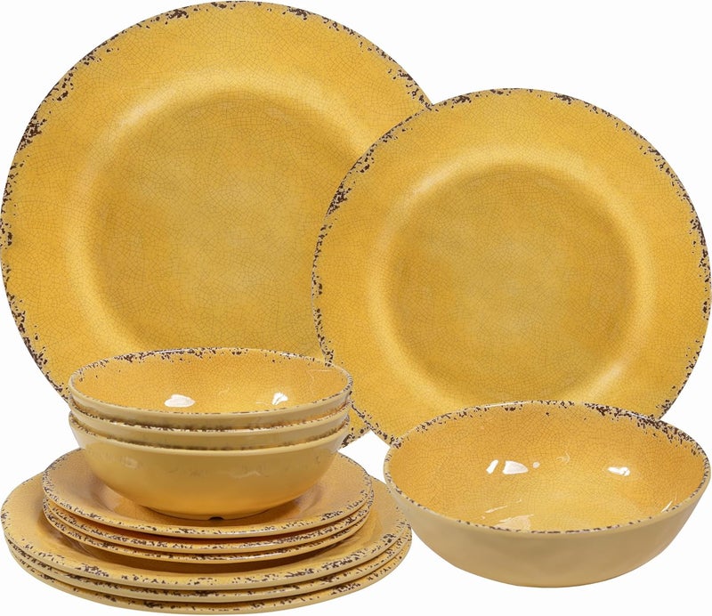 ZAROCRUS 12Piece Rustic Melamine Dinnerware Set With Dinner Plate Salad Plate And Large Capacity All Purpose BowlsService for 4 Indoor And Outdoor Use Yellow - Image 1
