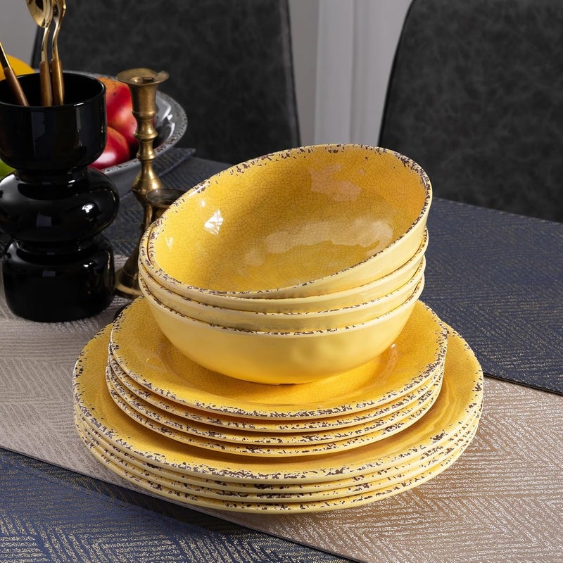 ZAROCRUS 12Piece Rustic Melamine Dinnerware Set With Dinner Plate Salad Plate And Large Capacity All Purpose BowlsService for 4 Indoor And Outdoor Use Yellow - Image 3